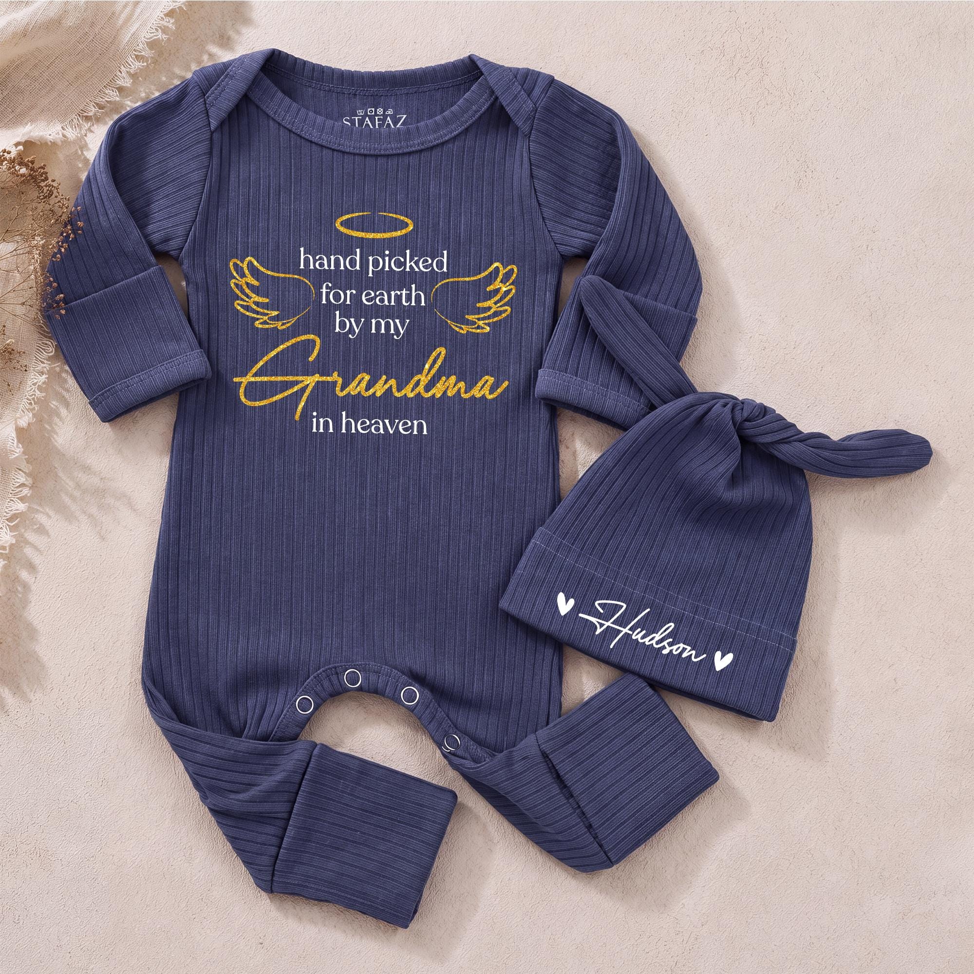 Custom Baby Bodysuit Set - 'Hand Picked for Earth by My Grandma in Heaven' Design, Soft Cotton, Newborn Outfit with Hat, Perfect for Gifting