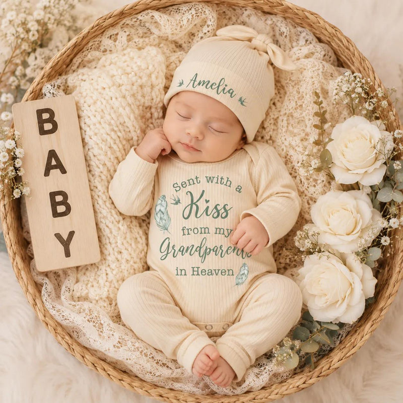 Custom Baby Bodysuit Set with 'Sent with a Kiss from My Grandparents in Heaven' Quote, Soft Cotton Newborn Outfit, Memorial Gift for Baby