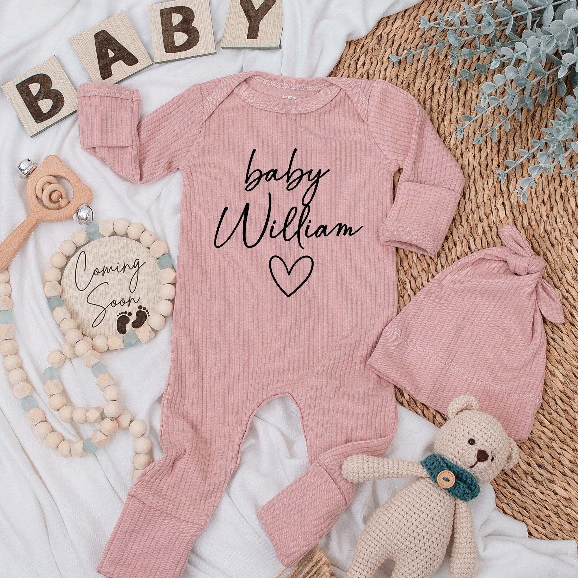 Custom Baby Bodysuit with Stylish Cursive 'baby William' and Heart Newborn Gift Light Background Cotton Soft Comfortable Infant Clothes