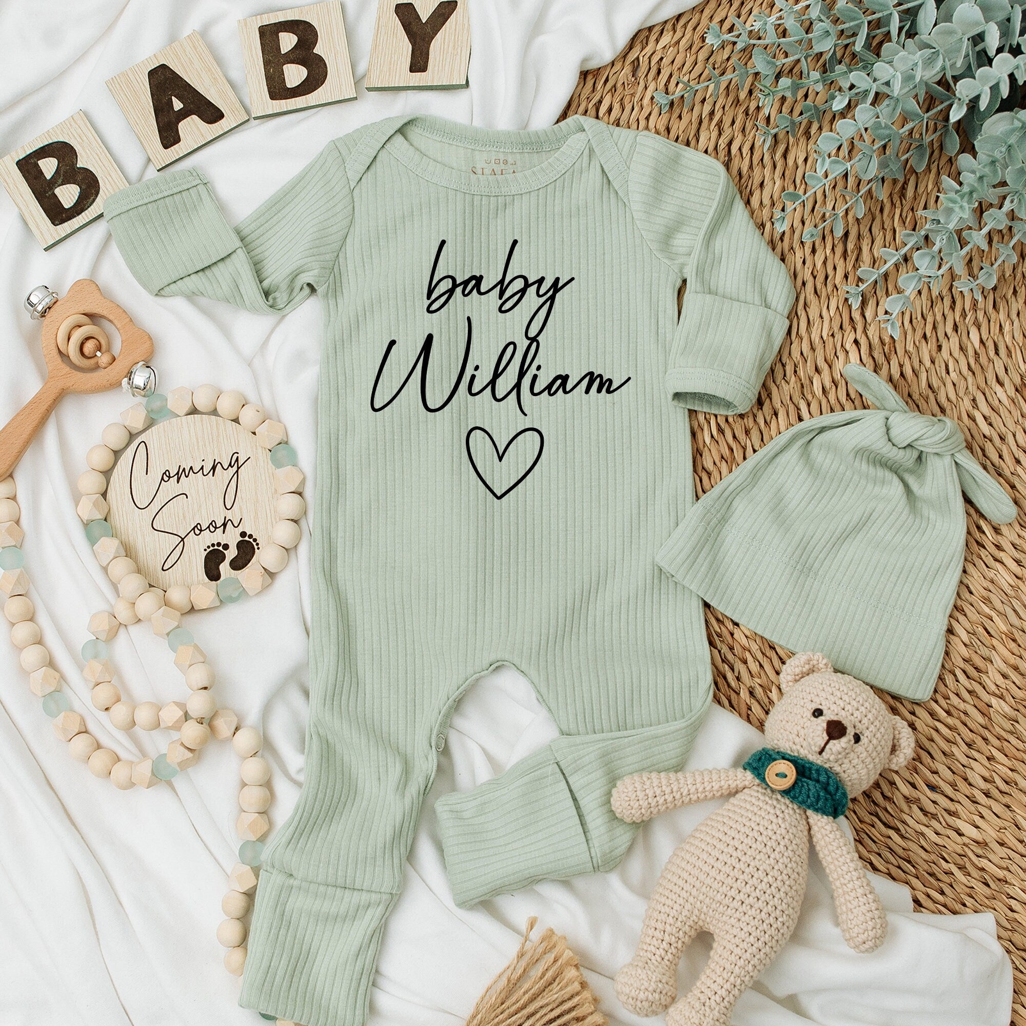 Custom Baby Bodysuit with Stylish Cursive 'baby William' and Heart Newborn Gift Light Background Cotton Soft Comfortable Infant Clothes