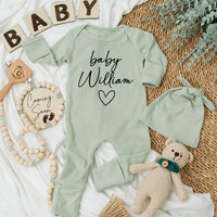 Custom Baby Bodysuit with Stylish Cursive 'baby William' and Heart Newborn Gift Light Background Cotton Soft Comfortable Infant Clothes