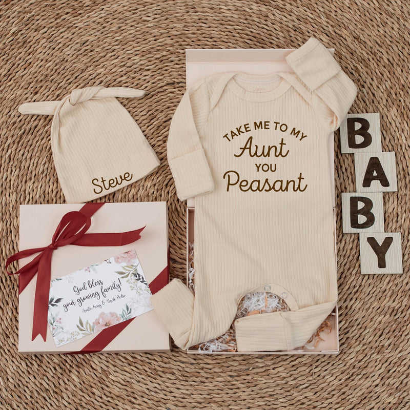 Custom Baby Bodysuit with 'Take Me To My Aunt You Peasant' Funny Quote, Soft Ribbed Cotton Outfit, Perfect Baby Shower Gift from Aunt