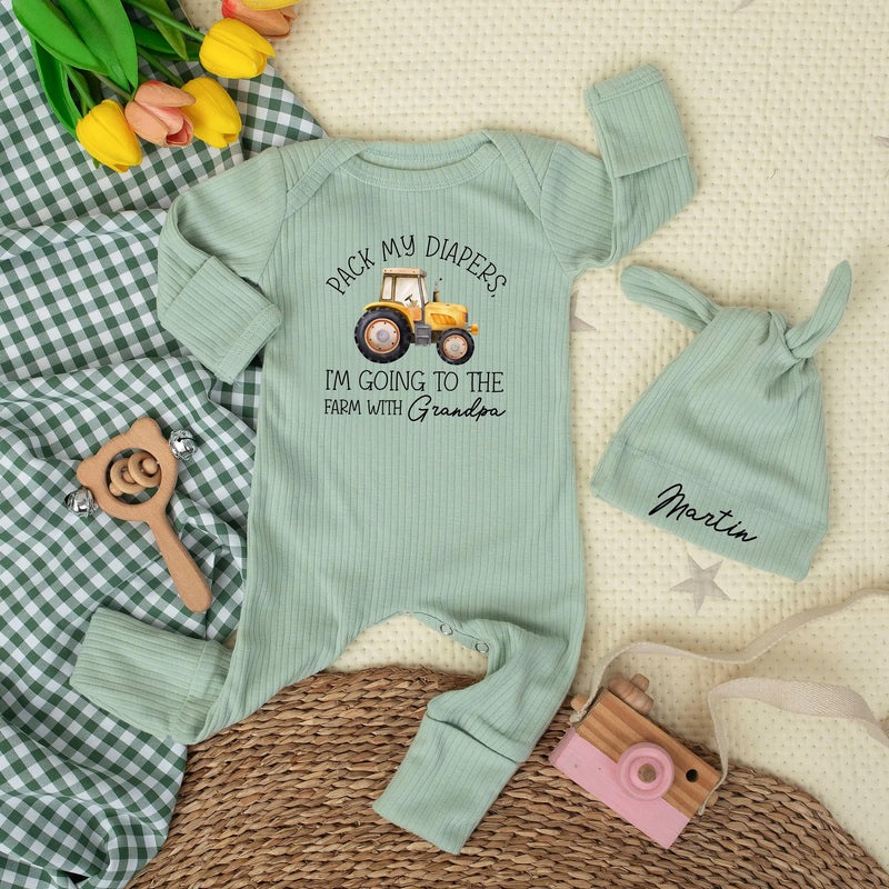 Custom Baby Bodysuit with Tractor Artwork - Pack My Diapers I'm Going to the Farm with Grandpa, Soft Cotton Outfit, Perfect Gift