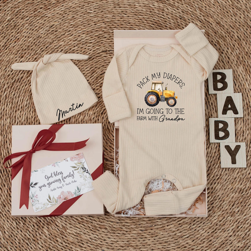 Custom Baby Bodysuit with Tractor Artwork - Pack My Diapers I'm Going to the Farm with Grandpa, Soft Cotton Outfit, Perfect Gift