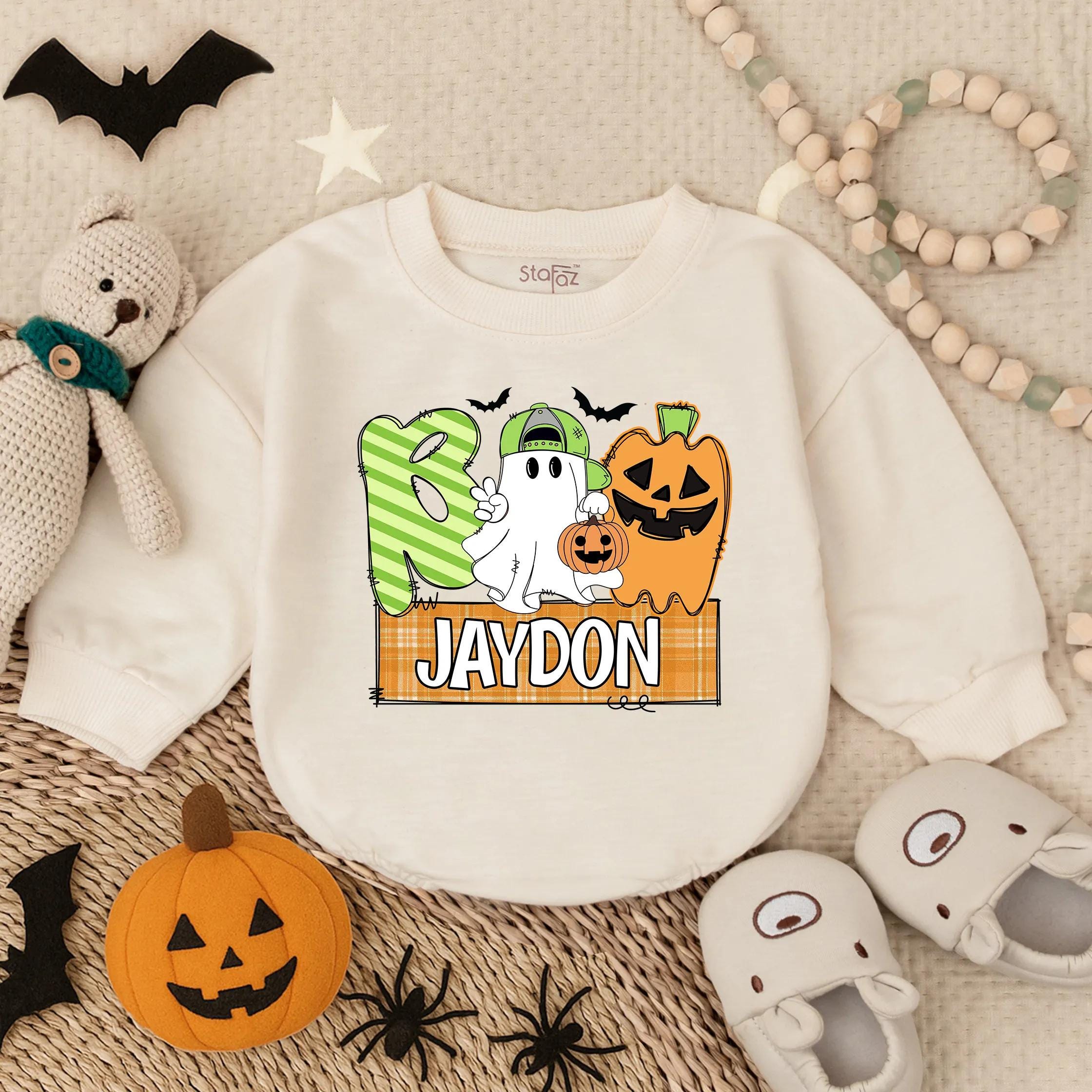 Custom Baby Boo Romper with Ghost Pumpkin Design Halloween Outfit Jaydon Personalized Toddler Sweatshirt Soft Cotton Festive Wear