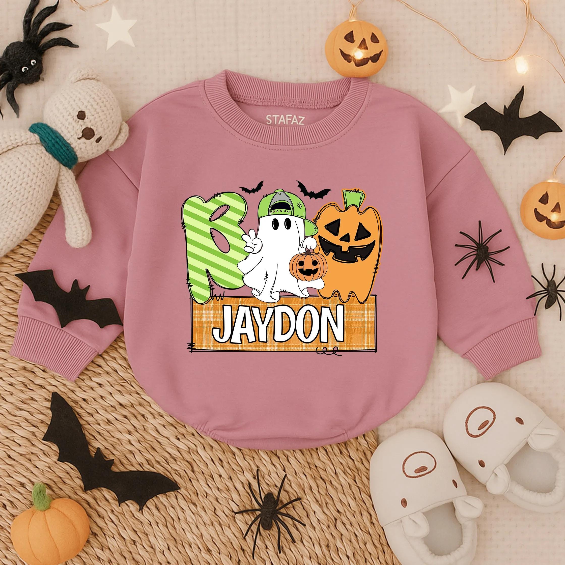 Custom Baby Boo Romper with Ghost Pumpkin Design Halloween Outfit Jaydon Personalized Toddler Sweatshirt Soft Cotton Festive Wear