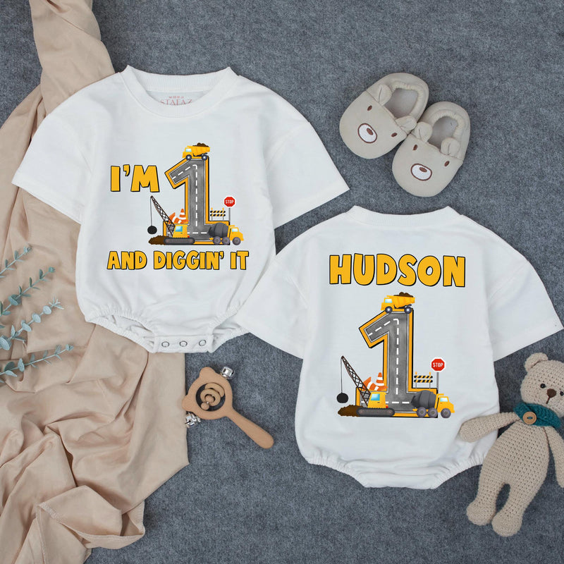Custom Baby Boy 1st Birthday Romper with Dump Truck Design, I'm 1 and Diggin' It Quote, Soft Cotton Outfit for Cake Smash or Party