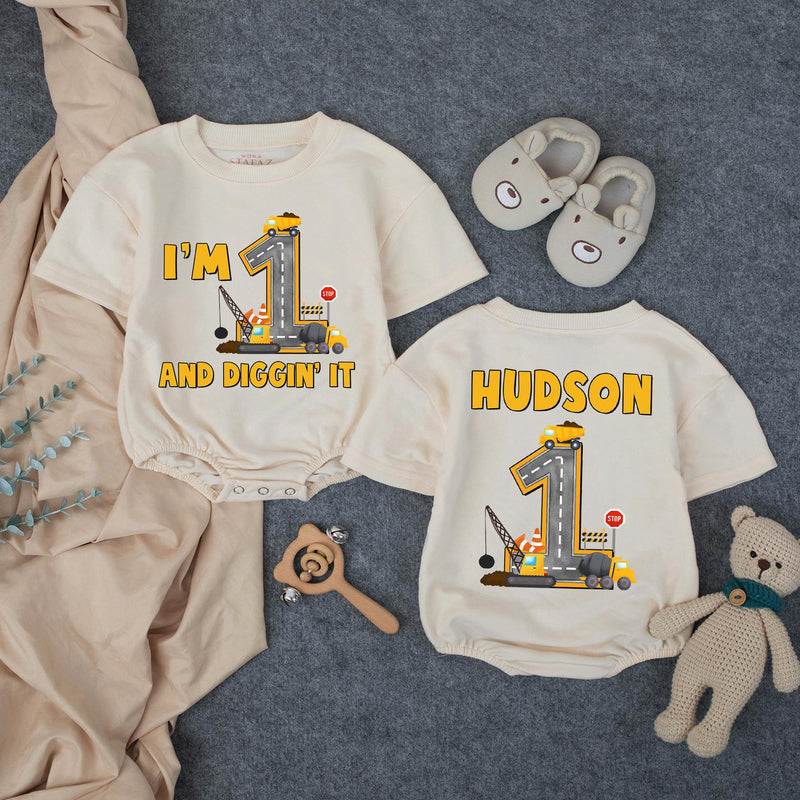 Custom Baby Boy 1st Birthday Romper with Dump Truck Design, I'm 1 and Diggin' It Quote, Soft Cotton Outfit for Cake Smash or Party