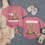 Custom Baby Boy 1st Birthday Romper with Dump Truck Design, I'm 1 and Diggin' It Quote, Soft Cotton Outfit for Cake Smash or Party