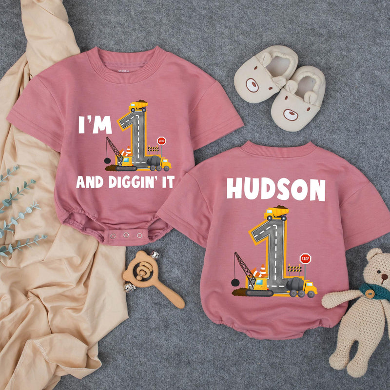 Custom Baby Boy 1st Birthday Romper with Dump Truck Design, I'm 1 and Diggin' It Quote, Soft Cotton Outfit for Cake Smash or Party