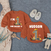 Custom Baby Boy 1st Birthday Romper with Dump Truck Design, I'm 1 and Diggin' It Quote, Soft Cotton Outfit for Cake Smash or Party