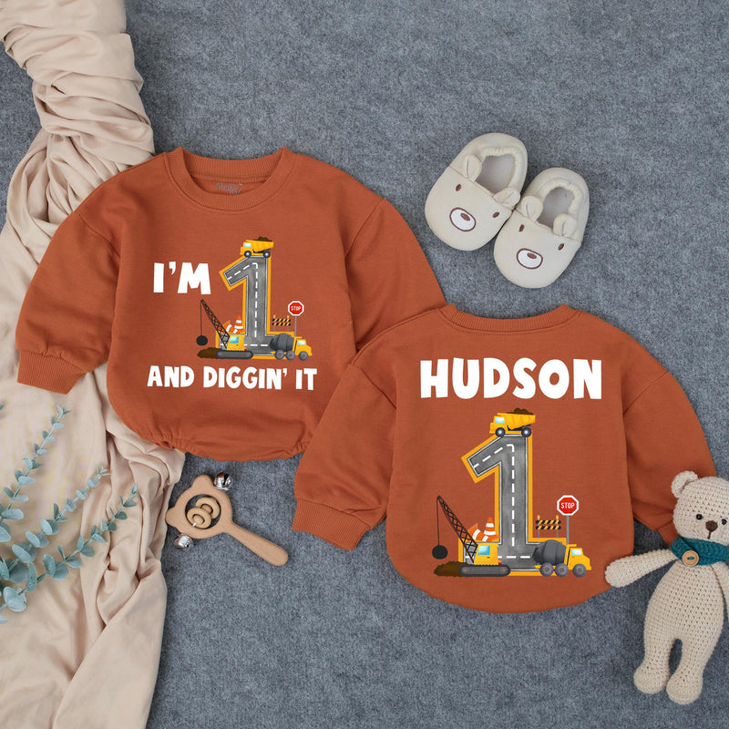 Custom Baby Boy 1st Birthday Romper with Dump Truck Design, I'm 1 and Diggin' It Quote, Soft Cotton Outfit for Cake Smash or Party