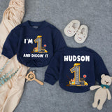 Custom Baby Boy 1st Birthday Romper with Dump Truck Design, I'm 1 and Diggin' It Quote, Soft Cotton Outfit for Cake Smash or Party