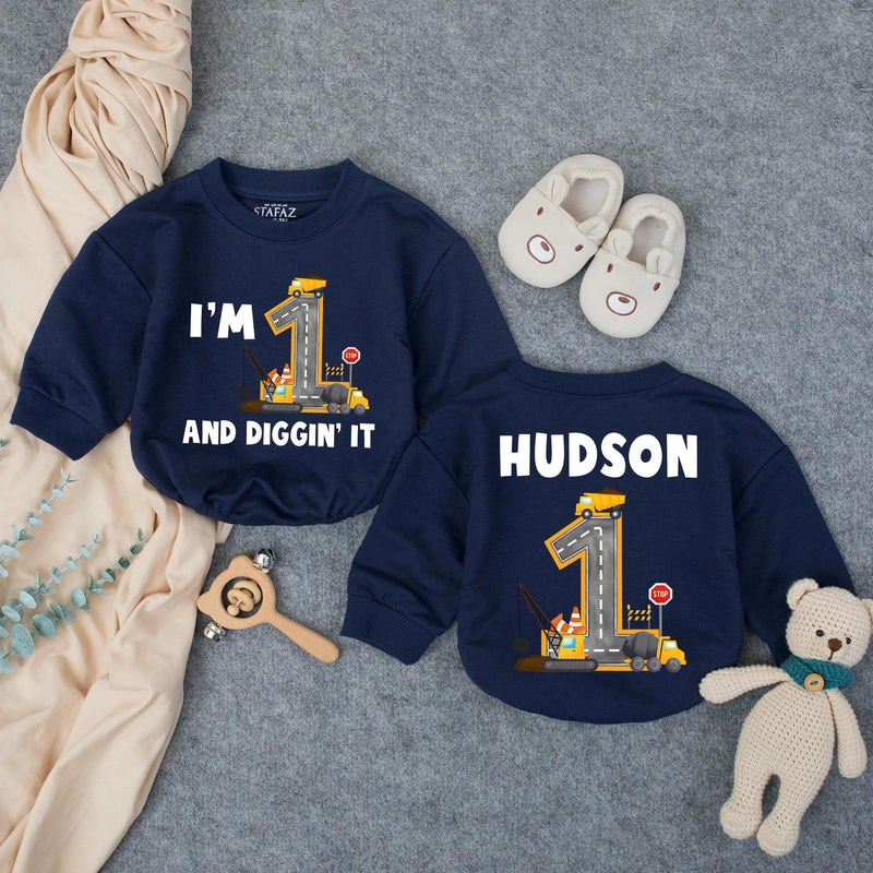 Custom Baby Boy 1st Birthday Romper with Dump Truck Design, I'm 1 and Diggin' It Quote, Soft Cotton Outfit for Cake Smash or Party