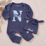 Custom Baby Boy Bodysuit and Hat Set with Blue Gingham Initial and Name, Soft Cotton Newborn Outfit, Perfect Coming Home or Baby Shower Gift