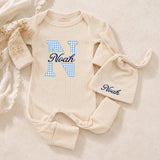 Custom Baby Boy Bodysuit and Hat Set with Blue Gingham Initial and Name, Soft Cotton Newborn Outfit, Perfect Coming Home or Baby Shower Gift