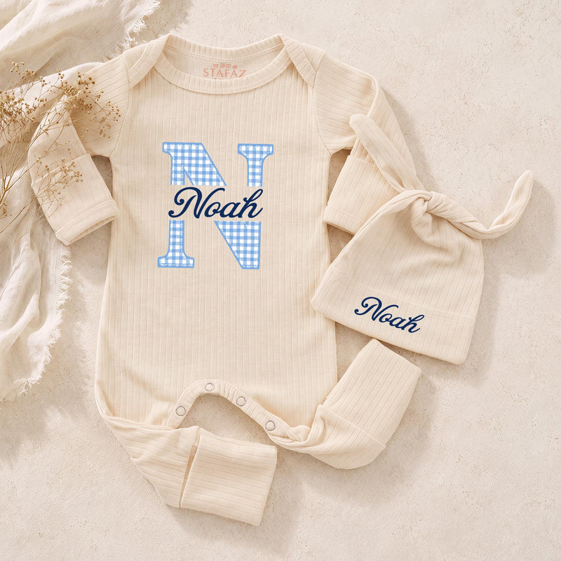 Custom Baby Boy Bodysuit and Hat Set with Blue Gingham Initial and Name, Soft Cotton Newborn Outfit, Perfect Coming Home or Baby Shower Gift