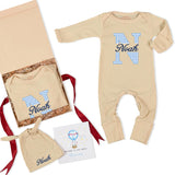 Custom Baby Boy Bodysuit and Hat Set with Blue Gingham Initial and Name, Soft Cotton Newborn Outfit, Perfect Coming Home or Baby Shower Gift