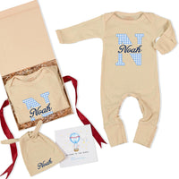 Custom Baby Boy Bodysuit and Hat Set with Blue Gingham Initial and Name, Soft Cotton Newborn Outfit, Perfect Coming Home or Baby Shower Gift