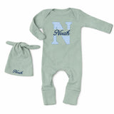 Custom Baby Boy Bodysuit and Hat Set with Blue Gingham Initial and Name, Soft Cotton Newborn Outfit, Perfect Coming Home or Baby Shower Gift