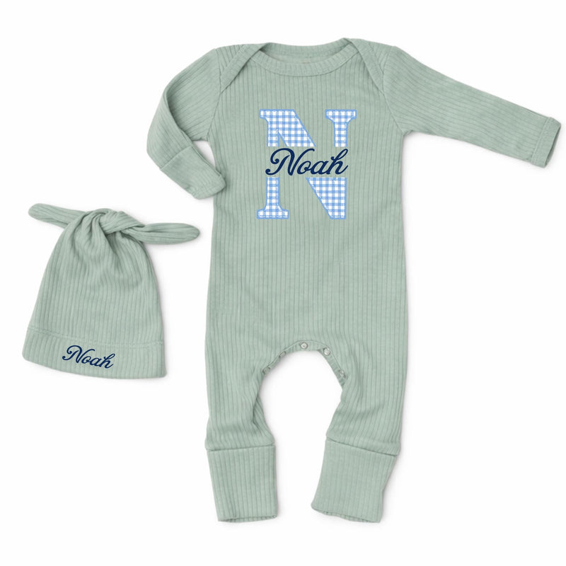 Custom Baby Boy Bodysuit and Hat Set with Blue Gingham Initial and Name, Soft Cotton Newborn Outfit, Perfect Coming Home or Baby Shower Gift