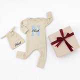 Custom Baby Boy Bodysuit and Hat Set with Blue Gingham Initial and Name, Soft Cotton Newborn Outfit, Perfect Coming Home or Baby Shower Gift