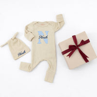Custom Baby Boy Bodysuit and Hat Set with Blue Gingham Initial and Name, Soft Cotton Newborn Outfit, Perfect Coming Home or Baby Shower Gift