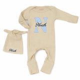 Custom Baby Boy Bodysuit and Hat Set with Blue Gingham Initial and Name, Soft Cotton Newborn Outfit, Perfect Coming Home or Baby Shower Gift