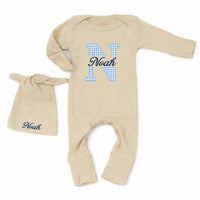 Custom Baby Boy Bodysuit and Hat Set with Blue Gingham Initial and Name, Soft Cotton Newborn Outfit, Perfect Coming Home or Baby Shower Gift