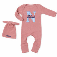 Custom Baby Boy Bodysuit and Hat Set with Blue Gingham Initial and Name, Soft Cotton Newborn Outfit, Perfect Coming Home or Baby Shower Gift