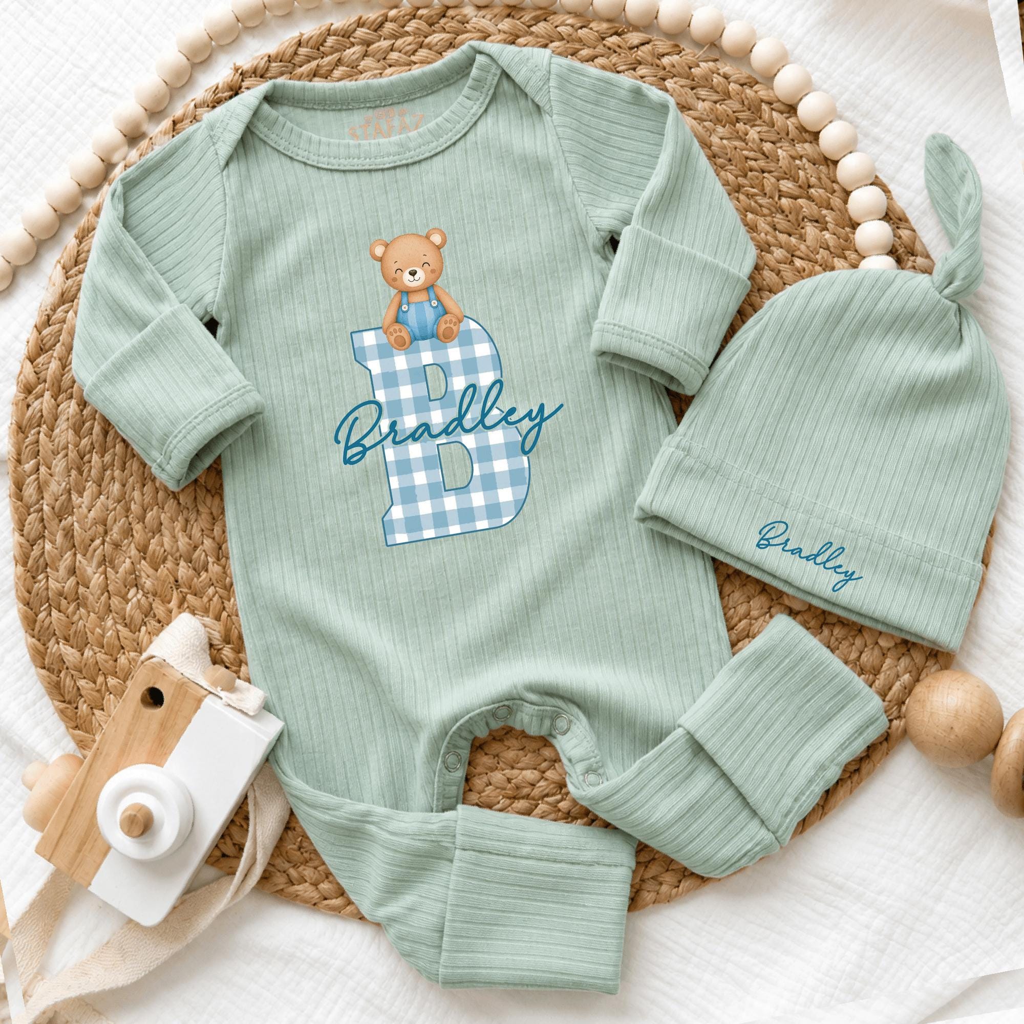 Custom Baby Boy Coming Home Outfit with Bear & Blue Gingham Monogram, Personalized Newborn Bodysuit & Hat Set, Soft Cotton Hospital Gift