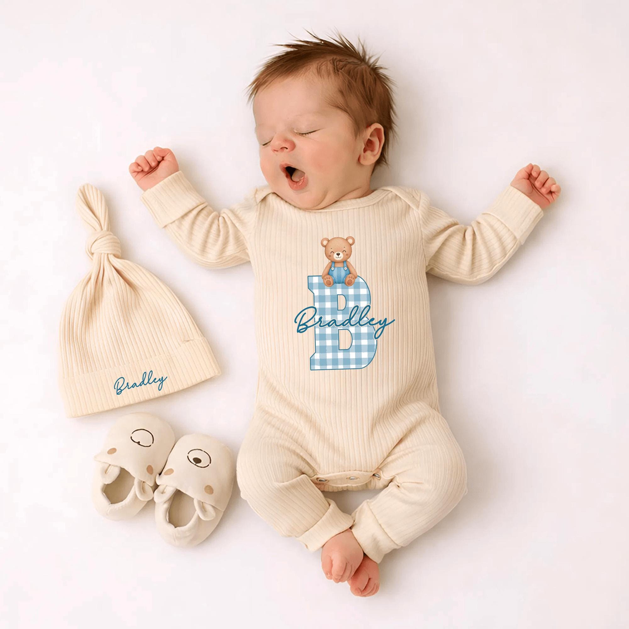 Custom Baby Boy Coming Home Outfit with Bear & Blue Gingham Monogram, Personalized Newborn Bodysuit & Hat Set, Soft Cotton Hospital Gift