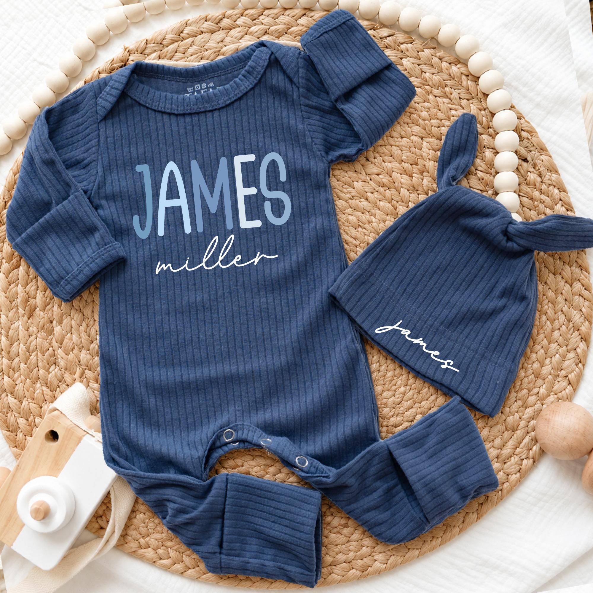 Custom Baby Boy Coming Home Outfit with Name, Navy Ribbed Bodysuit & Hat Set, Soft Cotton Newborn Keepsake for Hospital Photos
