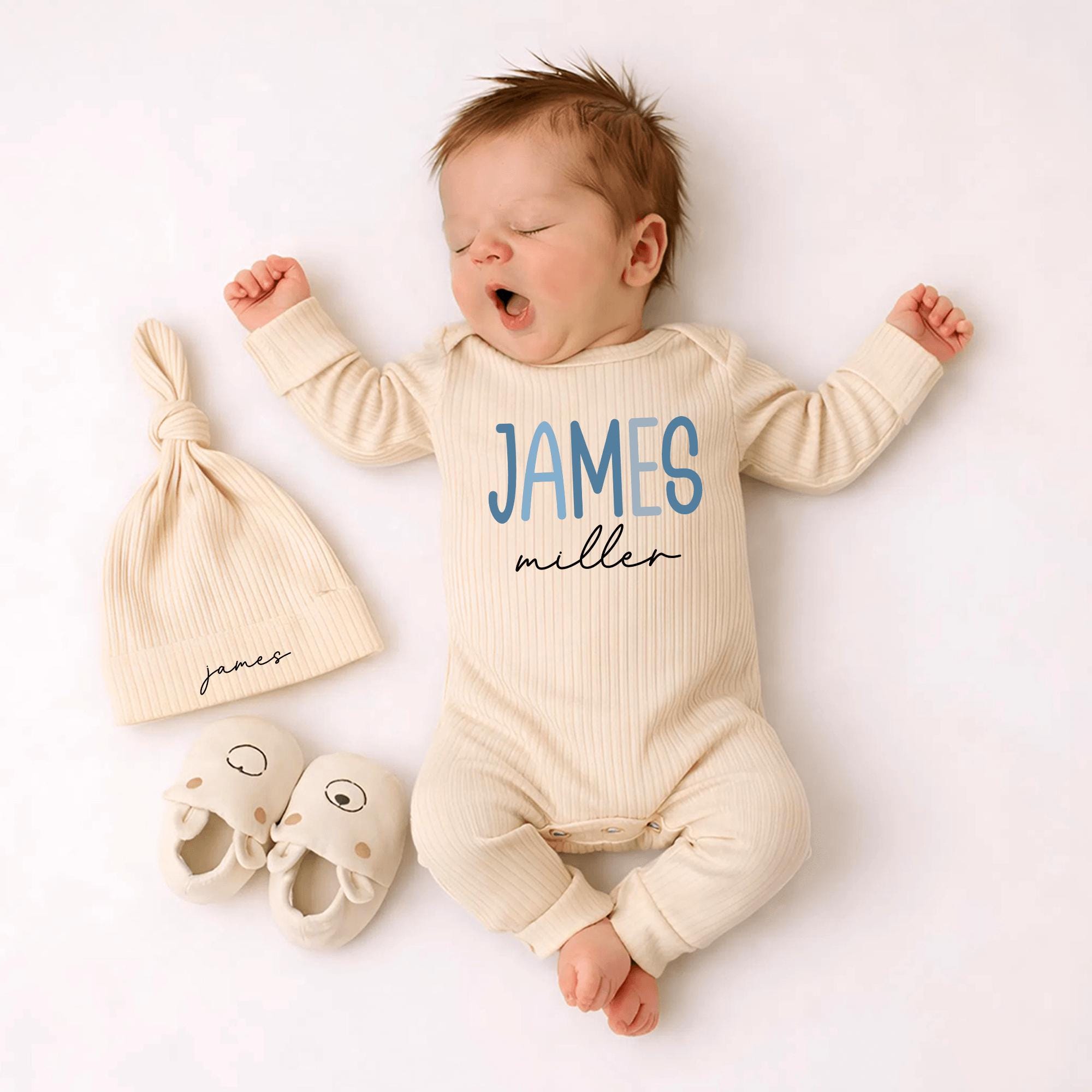 Custom Baby Boy Coming Home Outfit with Name, Navy Ribbed Bodysuit & Hat Set, Soft Cotton Newborn Keepsake for Hospital Photos