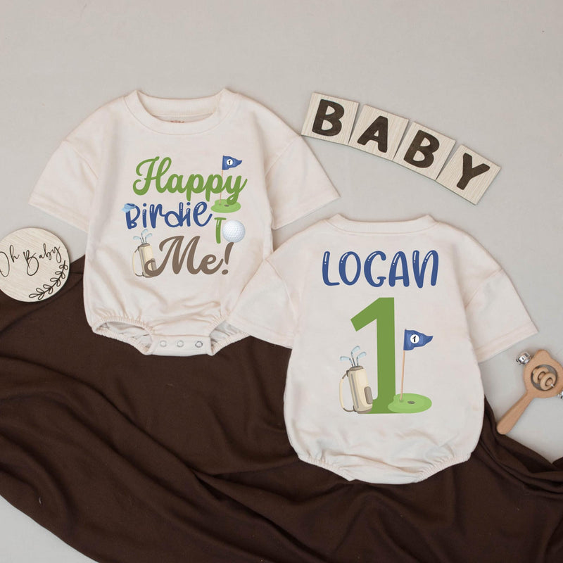 Custom Baby Boy First Birthday Golf Outfit Happy Birdie to Me Romper Playful Sporty Party Clothes Logan Name Blue Green Gift