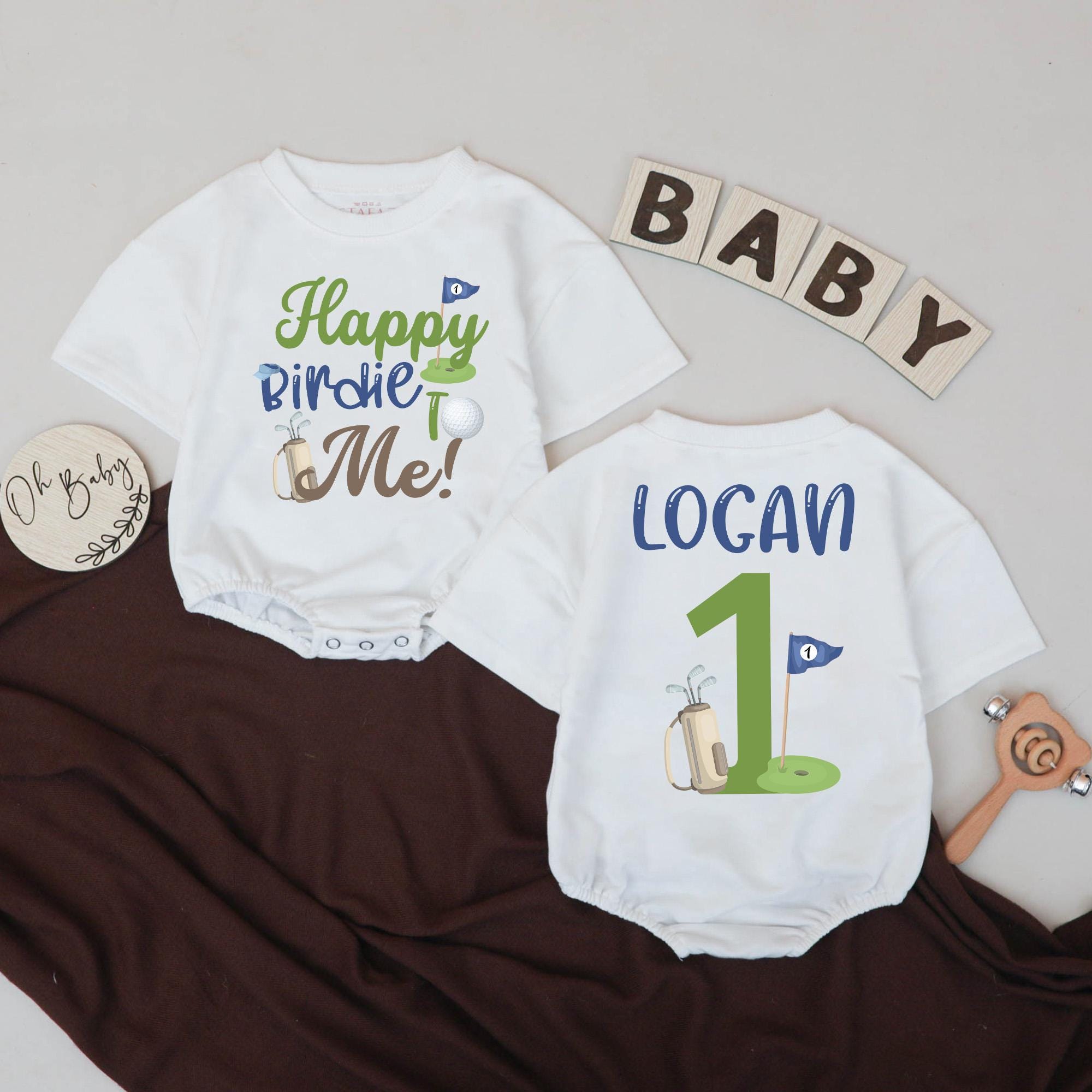 Custom Baby Boy First Birthday Golf Outfit Happy Birdie to Me Romper Playful Sporty Party Clothes Logan Name Blue Green Gift