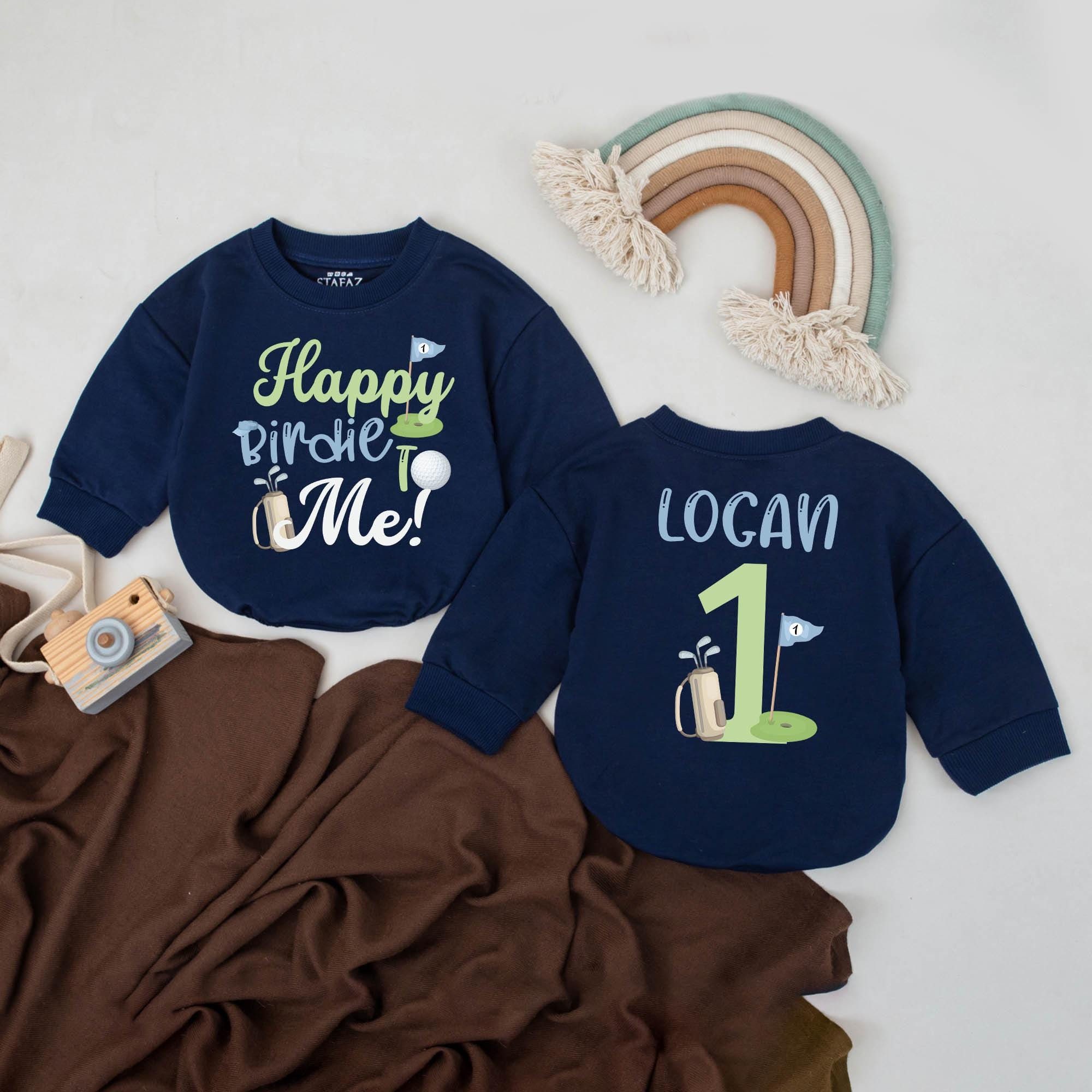 Custom Baby Boy First Birthday Golf Outfit Happy Birdie to Me Romper Playful Sporty Party Clothes Logan Name Blue Green Gift