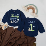 Custom Baby Boy First Birthday Golf Outfit Happy Birdie to Me Romper Playful Sporty Party Clothes Logan Name Blue Green Gift