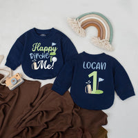 Custom Baby Boy First Birthday Golf Outfit Happy Birdie to Me Romper Playful Sporty Party Clothes Logan Name Blue Green Gift