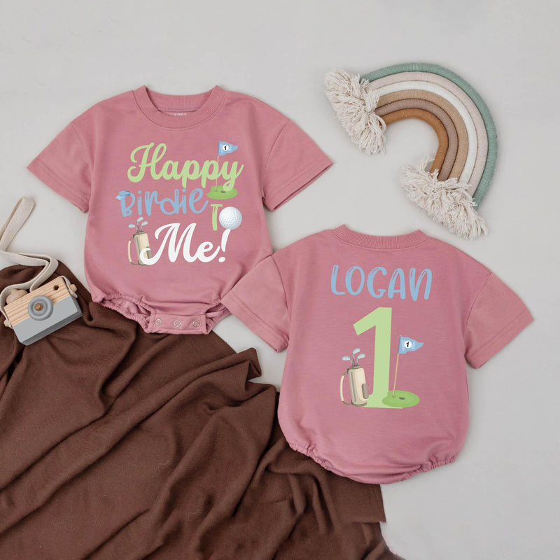 Custom Baby Boy First Birthday Golf Outfit Happy Birdie to Me Romper Playful Sporty Party Clothes Logan Name Blue Green Gift