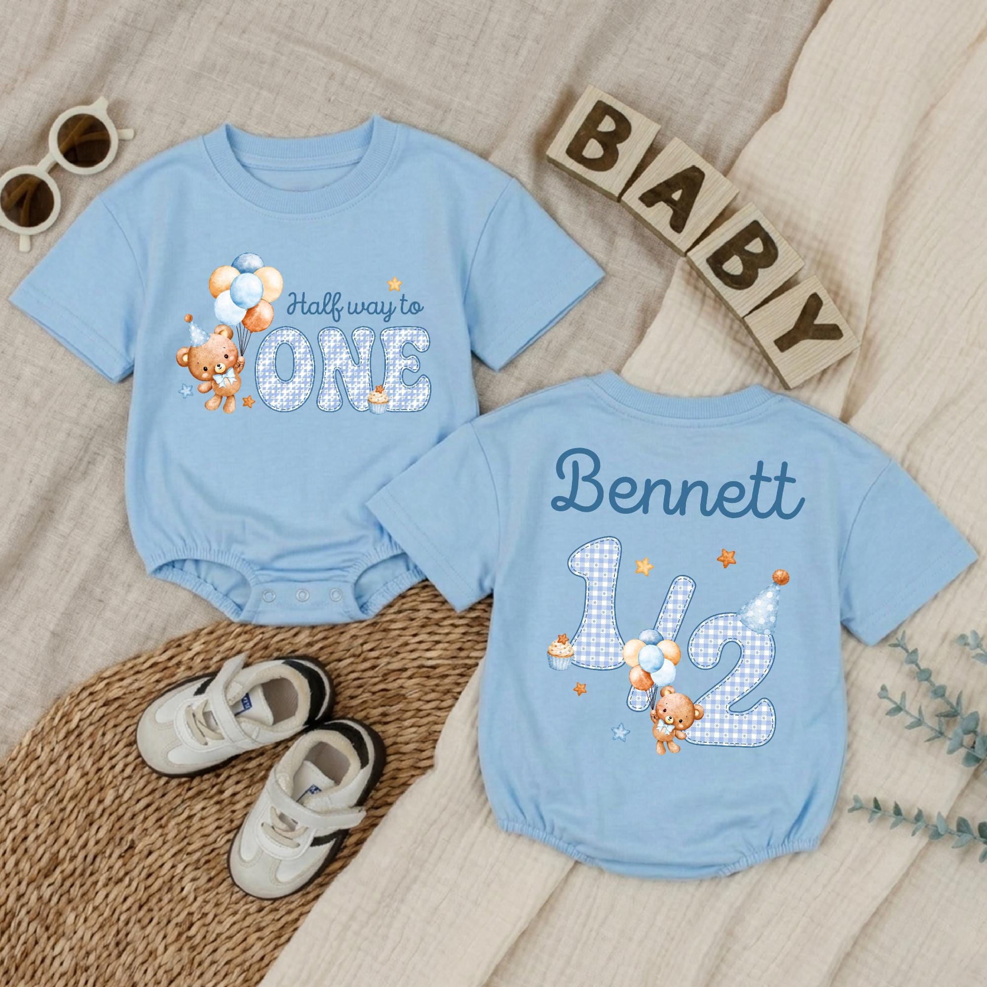 Custom Baby Boy Half Birthday Romper with Cute Bear and Balloon Design, Personalized Name, Soft Cotton 6-Month Milestone Outfit