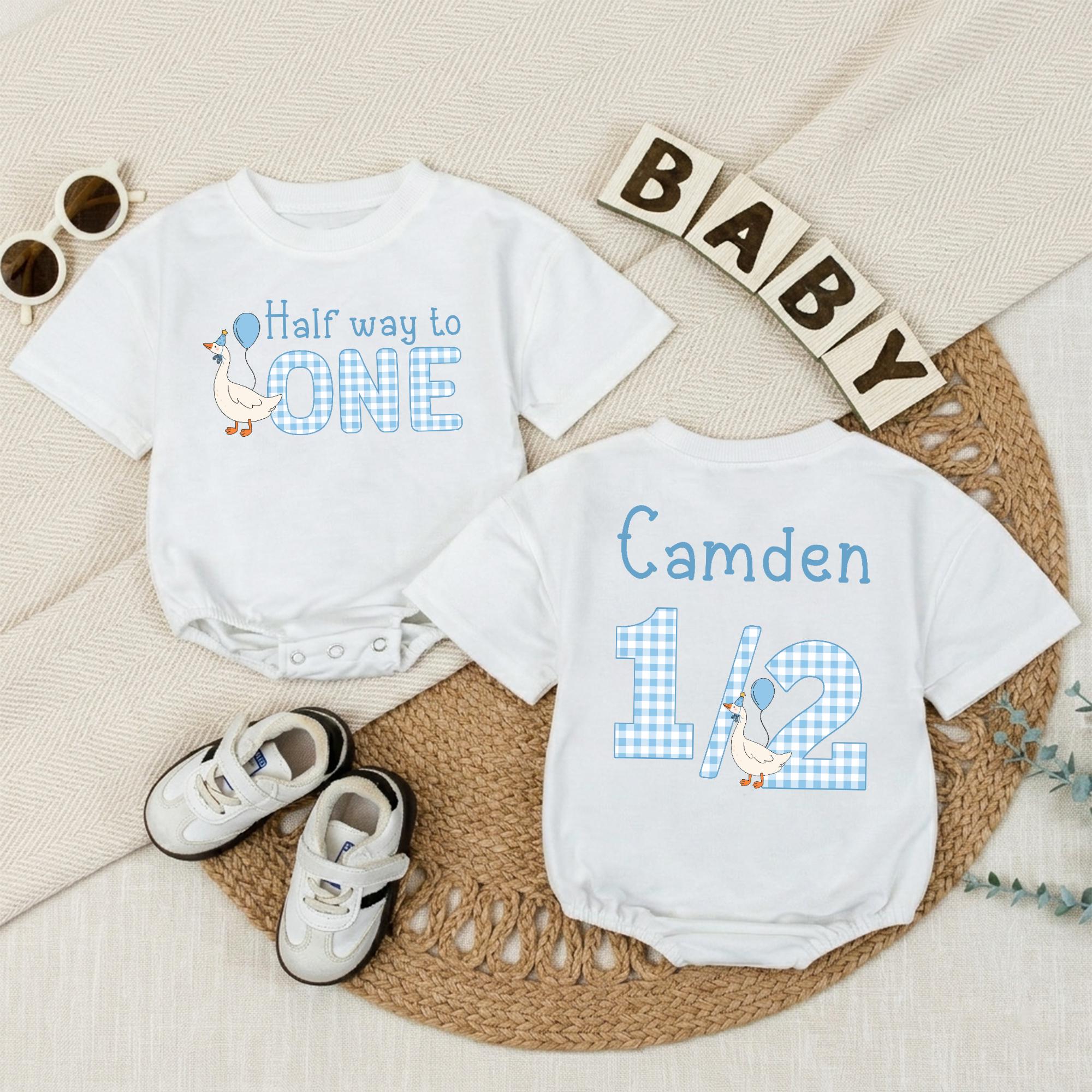 Custom Baby Boy Half Birthday Romper - 'Half Way to One' Goose Design, Soft Cotton Outfit, 1/2 Year Milestone, Short or Long Sleeve