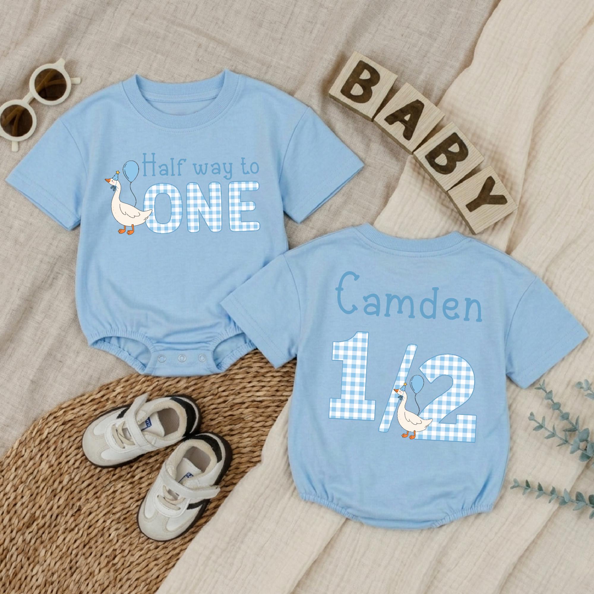 Custom Baby Boy Half Birthday Romper - 'Half Way to One' Goose Design, Soft Cotton Outfit, 1/2 Year Milestone, Short or Long Sleeve
