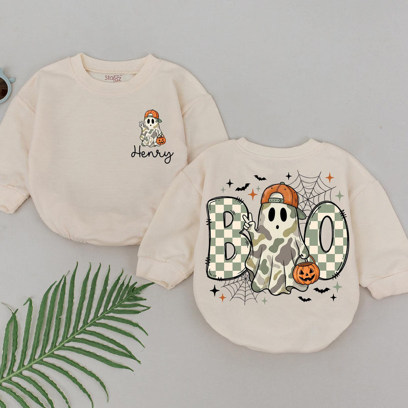 Custom Baby Boy Halloween Romper with Boo Ghost Artwork, Soft Cotton Long Sleeve Outfit for Fall, Personalized Name for Photo Props