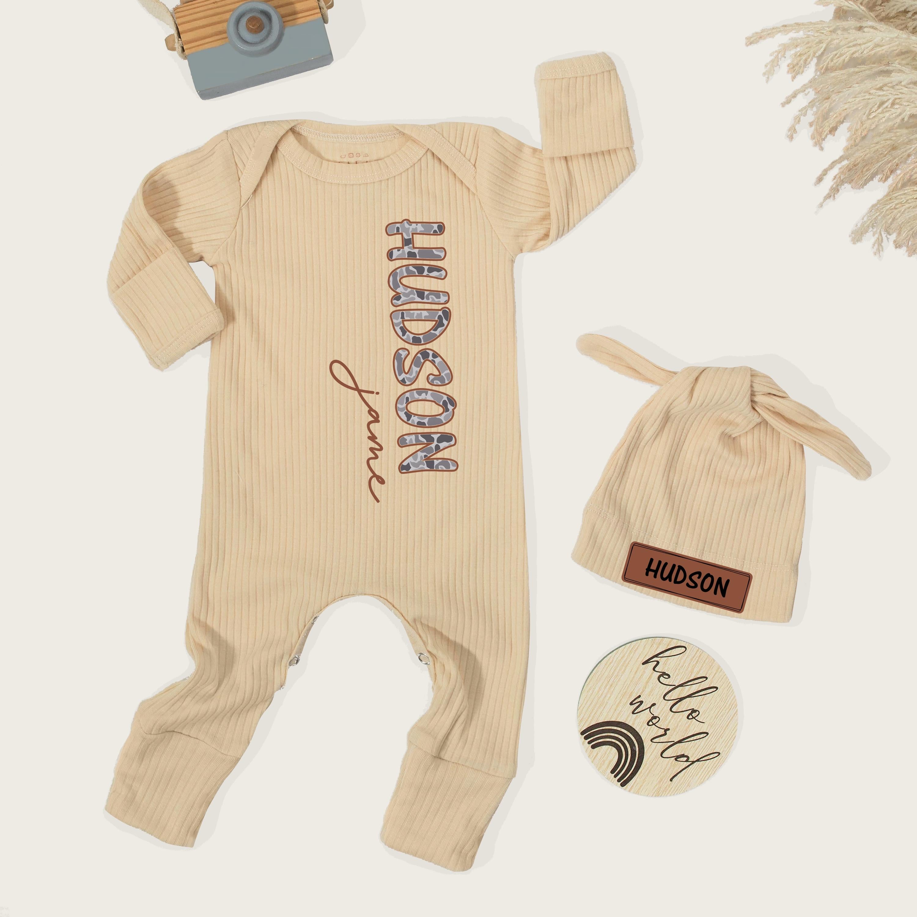 Custom Baby Boy Ribbed Bodysuit & Hat Set with Name Print, Neutral Beige Cotton Outfit for Newborn Coming Home or Baby Shower Gift