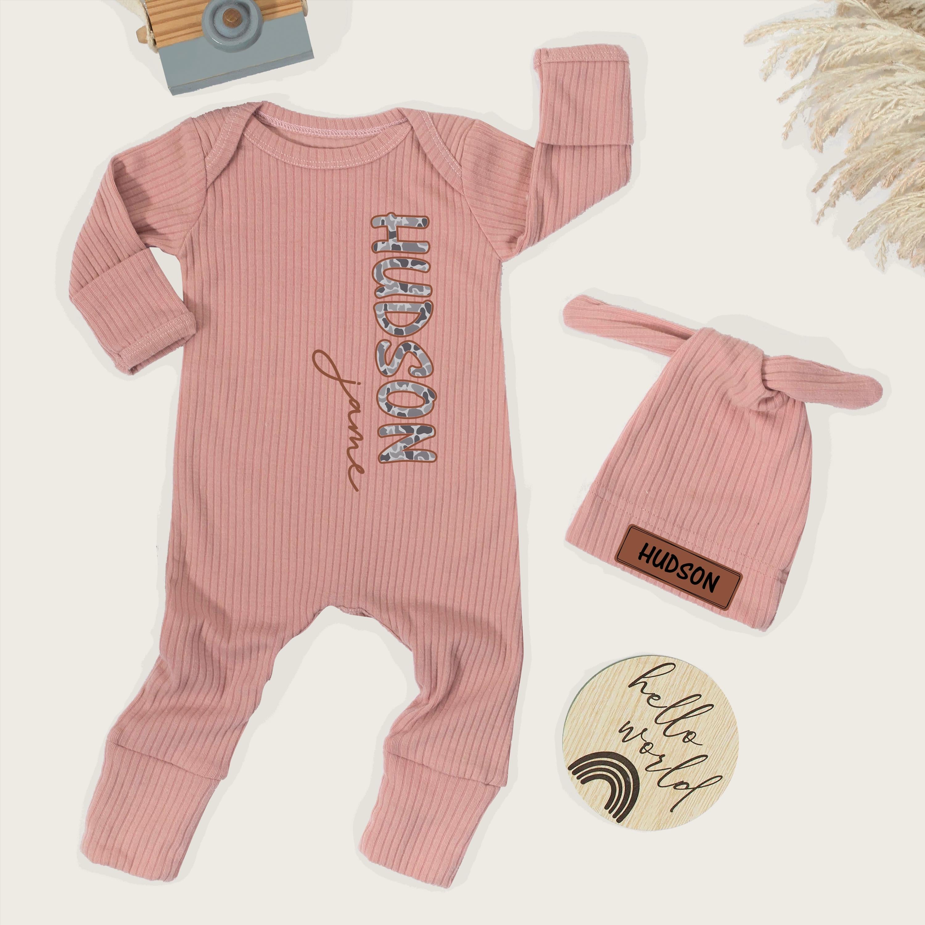 Custom Baby Boy Ribbed Bodysuit & Hat Set with Name Print, Neutral Beige Cotton Outfit for Newborn Coming Home or Baby Shower Gift