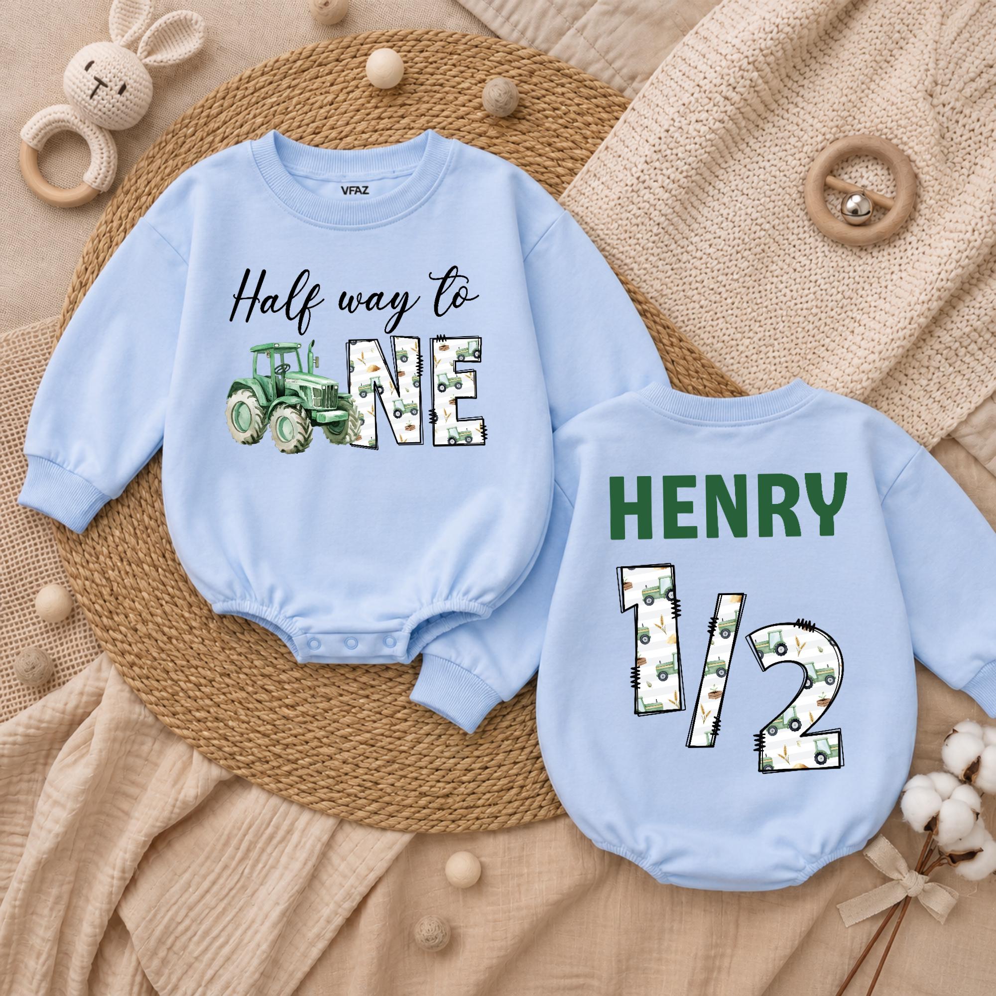 Custom Baby Boy Romper Halfway to One with Green Tractor Artwork, Long Sleeve Bodysuit for 6-Month Milestone, Soft Cotton Outfit