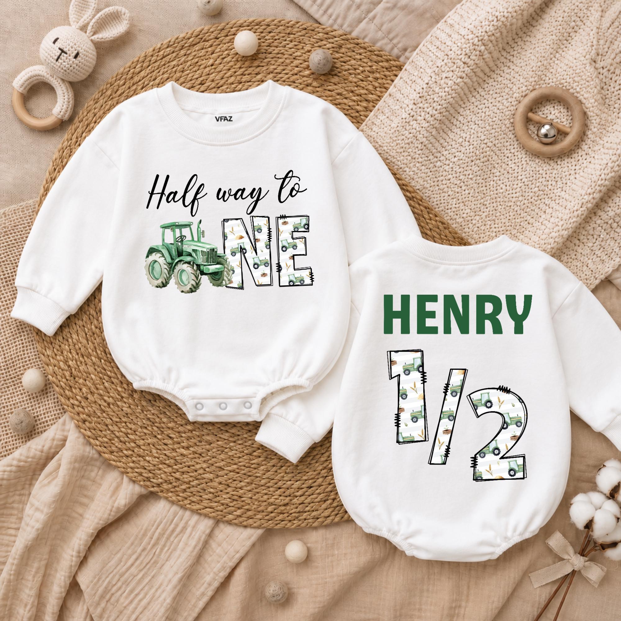 Custom Baby Boy Romper Halfway to One with Green Tractor Artwork, Long Sleeve Bodysuit for 6-Month Milestone, Soft Cotton Outfit