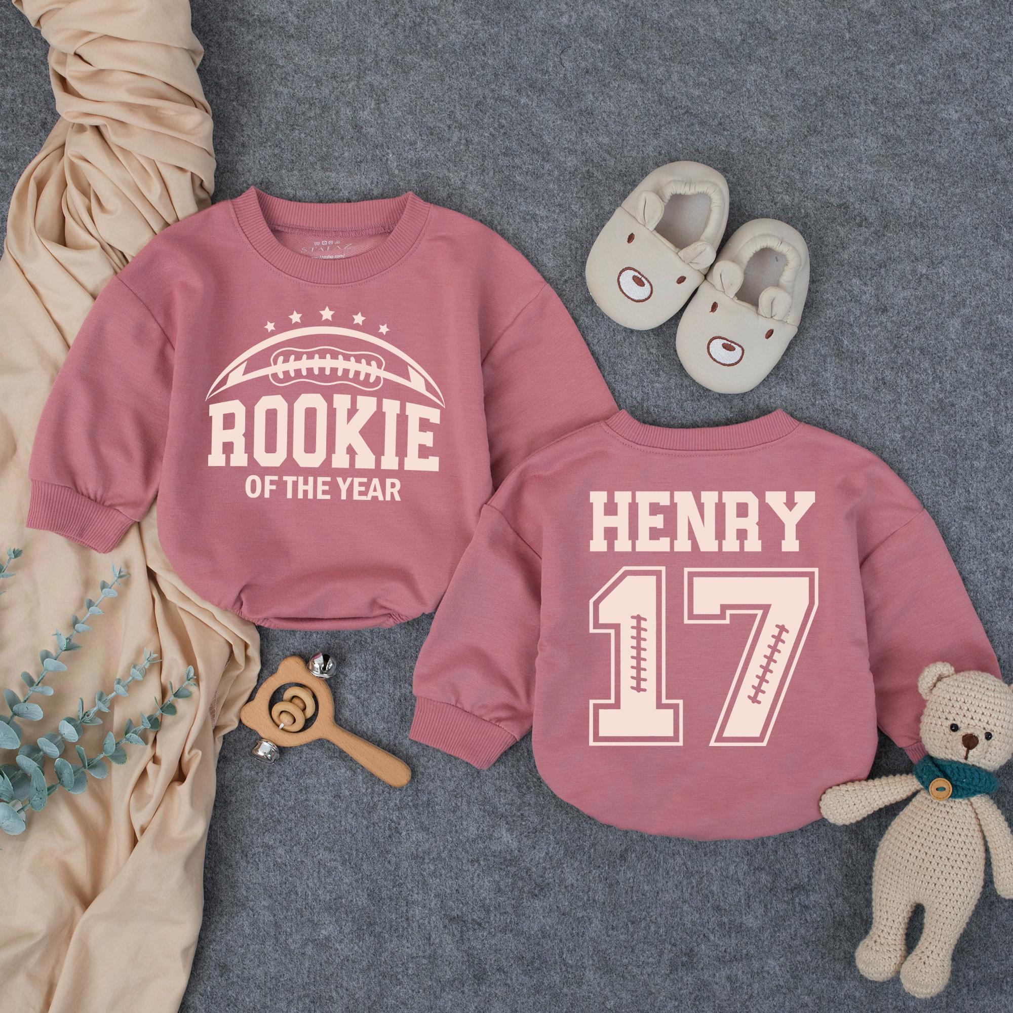 Custom Baby Boy Rookie of the Year Football Sweatshirt Romper, Personalized Name & Number Jersey, 1st Birthday Outfit, Soft Cotton