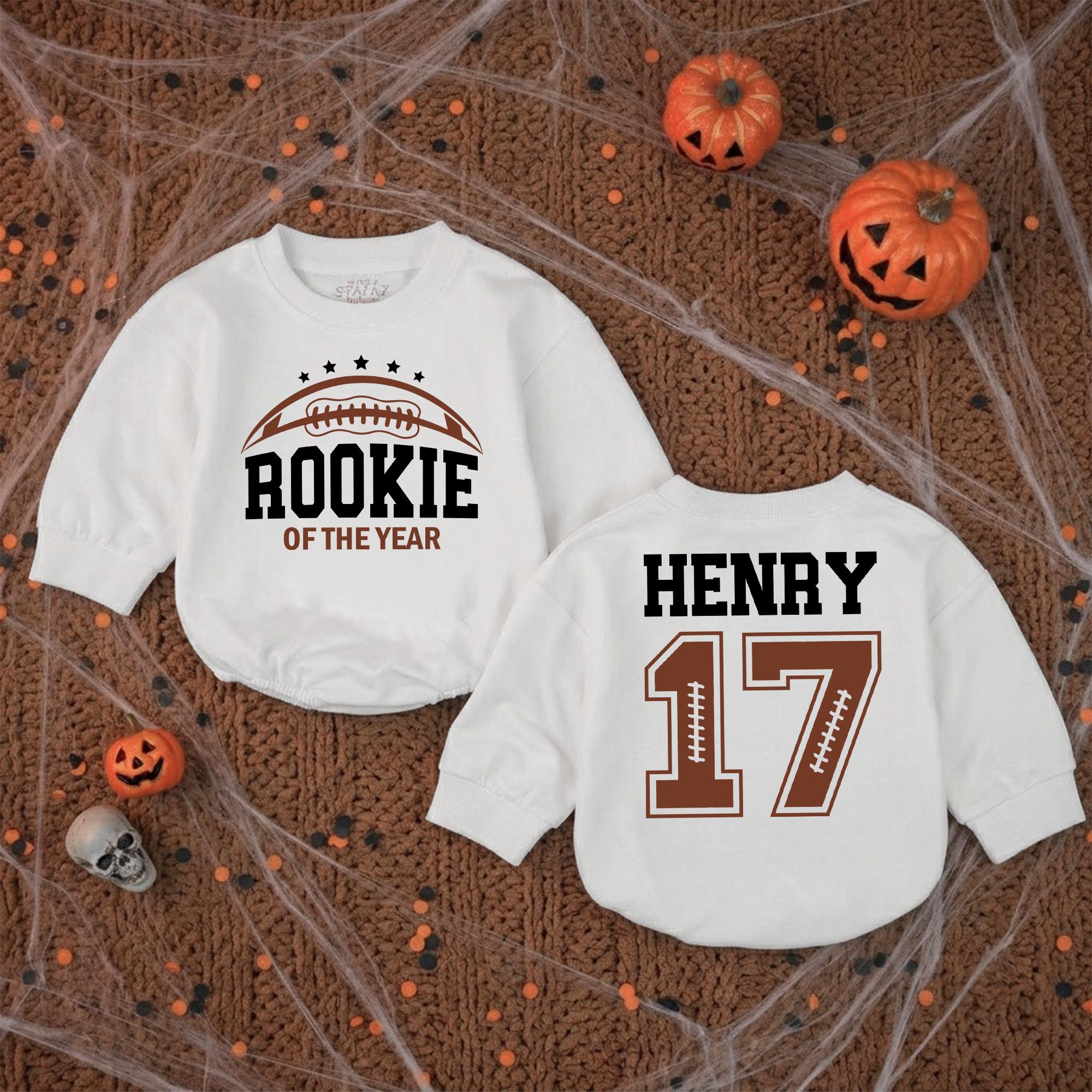 Custom Baby Boy Rookie of the Year Football Sweatshirt Romper, Personalized Name & Number Jersey, 1st Birthday Outfit, Soft Cotton